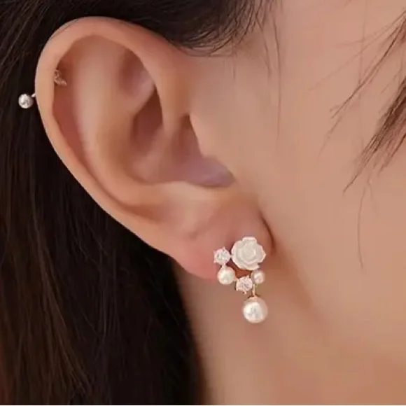 Diamond & Pearl White Rose Gold Toned Stud Earrings - Picture 2 of 3